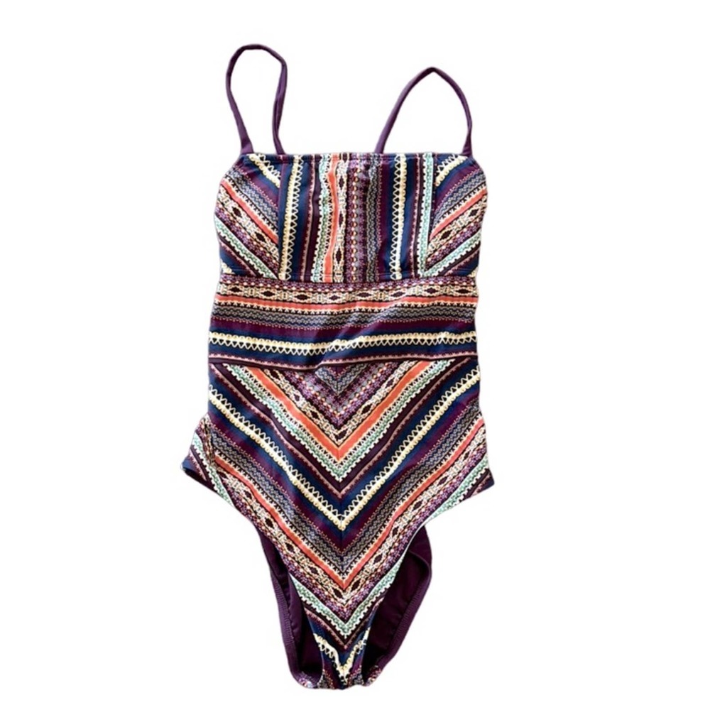 Mossimo Tribal Burgundy One Piece Swimsuit Lace Up Back Size Large